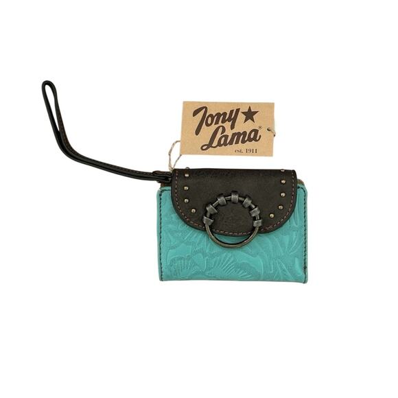 NWT! Tony Lama Western Studded Brown Turquoise Tooled Wristlet Wallet - Picture 5 of 9